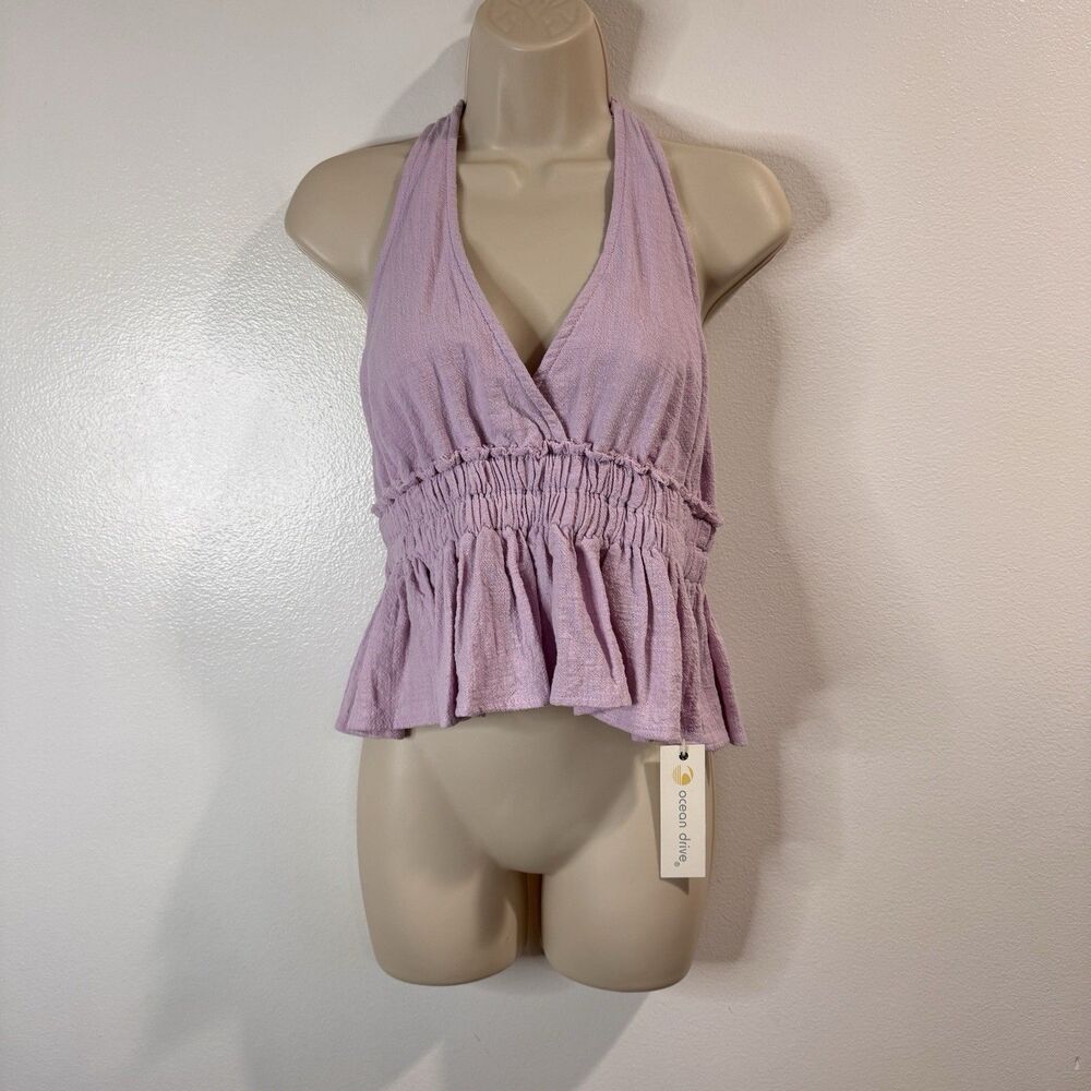 NWT Ocean Drive Halter Tank Top S Lilac Purple V-neck Crop Raw Edge Cotton